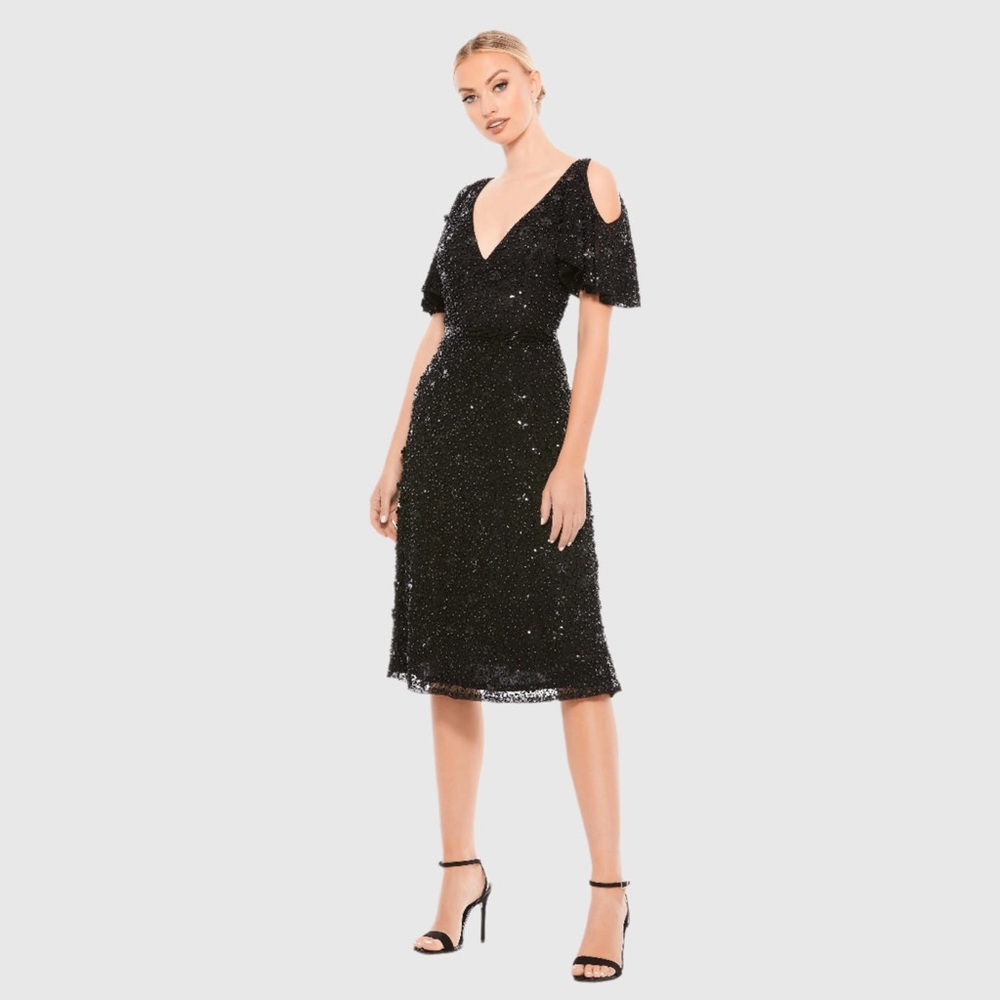 MAC DUGGAL Pearl Embellished Drop Shoulder Dress NEW Size 10 Black